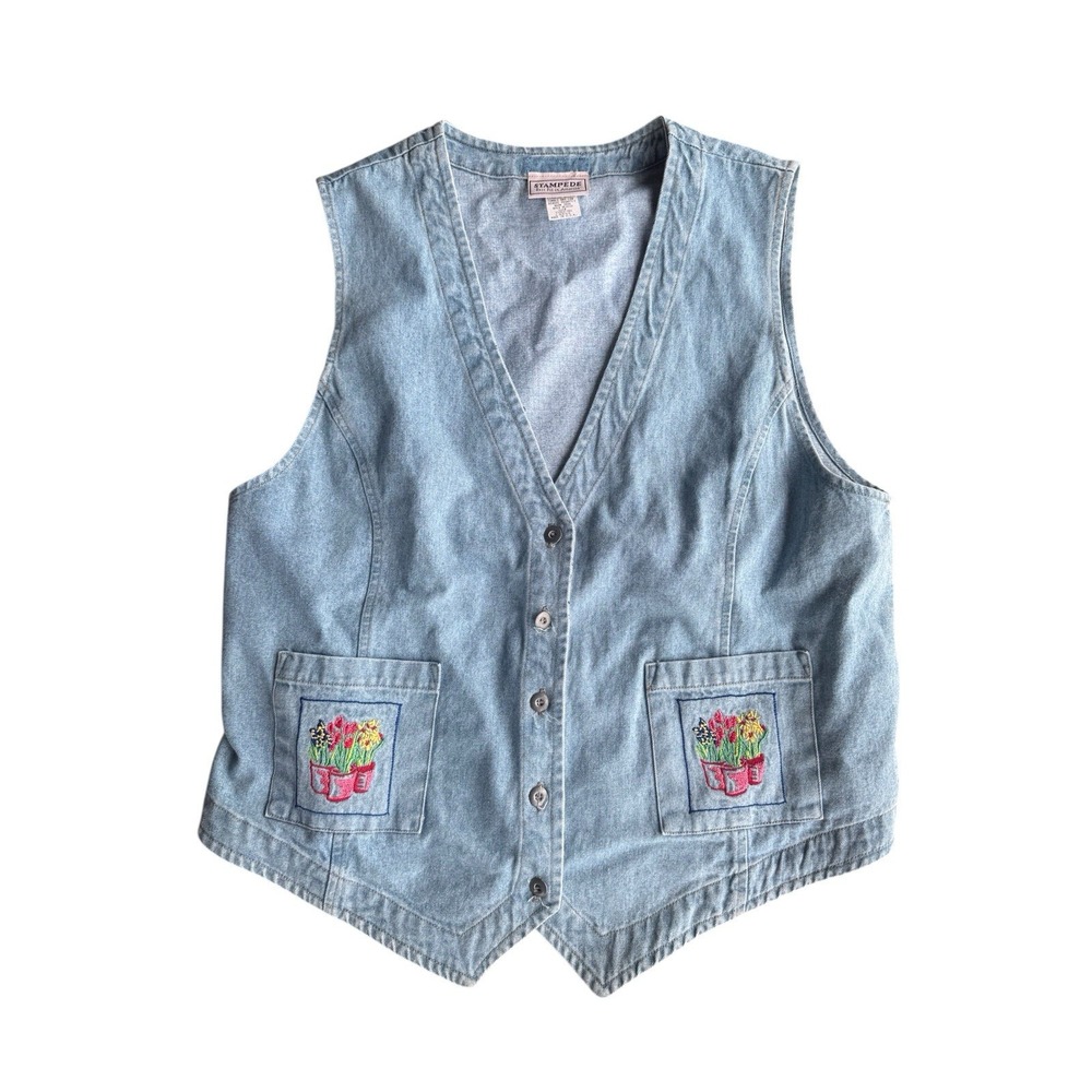 Vintage Stampede Denim Floral Embroidered Vest Large Garden Cottagecore 90s - Picture 1 of 3